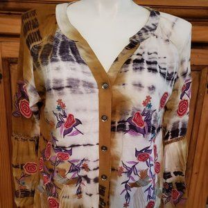 CALESSA  Floral Embroidered Bell Sleeve Blouse SZ  XL